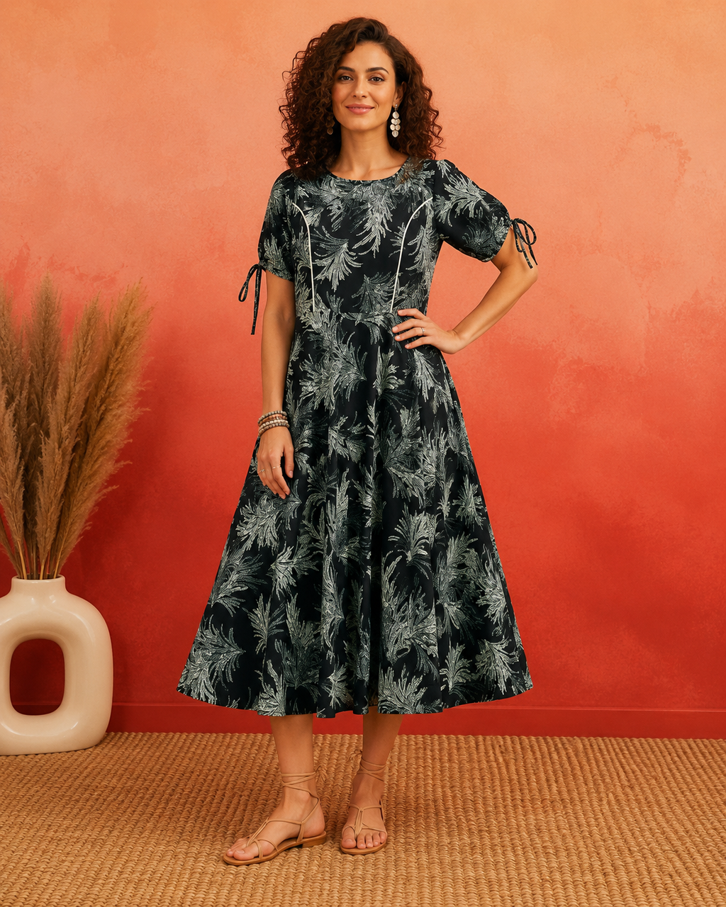 Tropical Leaf Print Fit & Flare Midi Dress | Tie-Up Sleeves | Round Neck | Miss Kapachi