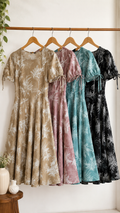 Tropical Leaf Print Fit & Flare Midi Dress | Tie-Up Sleeves | Round Neck | Miss Kapachi