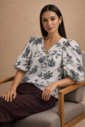 Botanical Rose Print Puff Sleeve Top | V-Neck Floral Women's Top | Miss Kapachi
