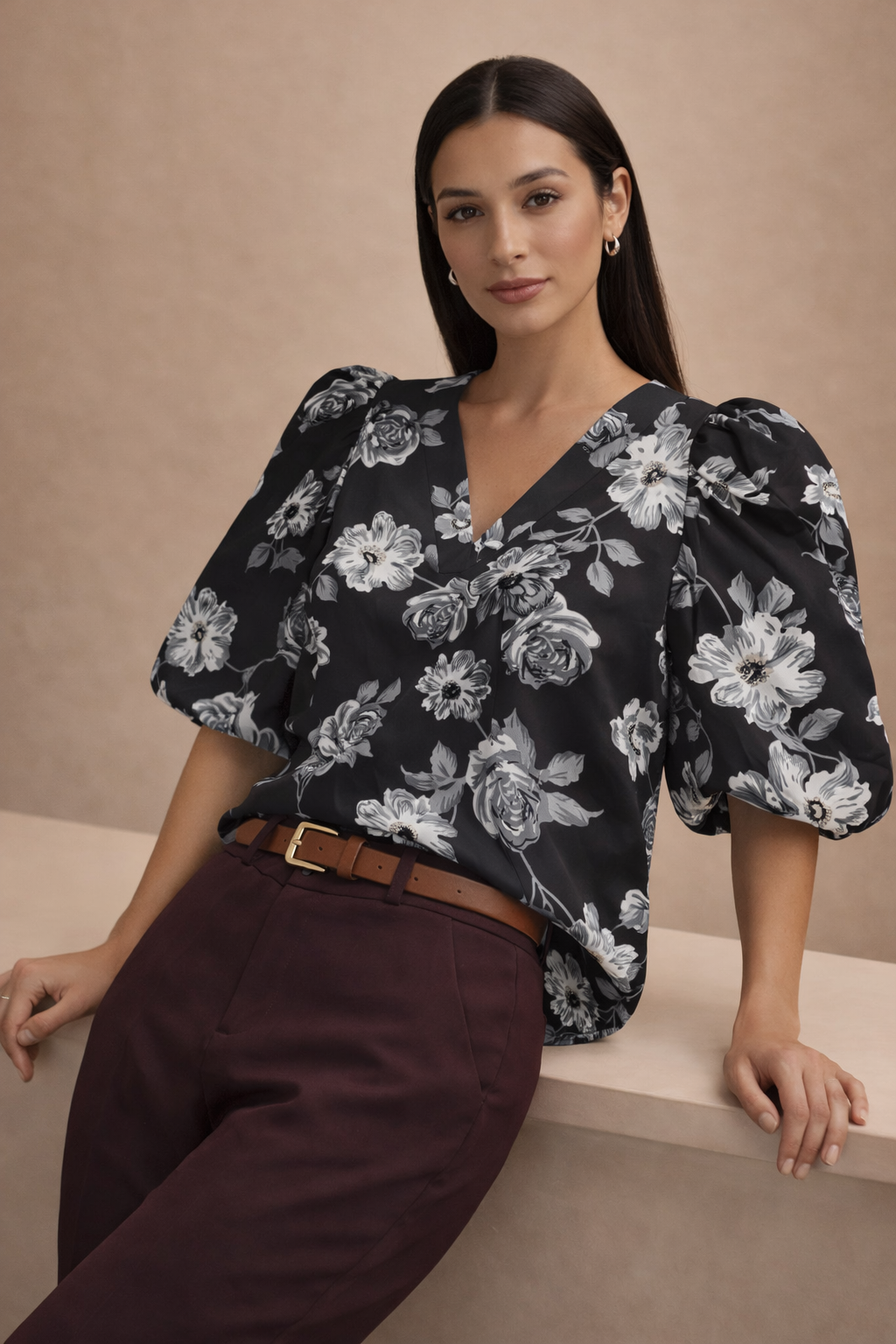 Botanical Rose Print Puff Sleeve Top | V-Neck Floral Women's Top | Miss Kapachi
