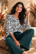 Abstract Brushstroke Print Gathered Neck Top | 3/4 Sleeve Flowy Women's Top | Miss Kapachi