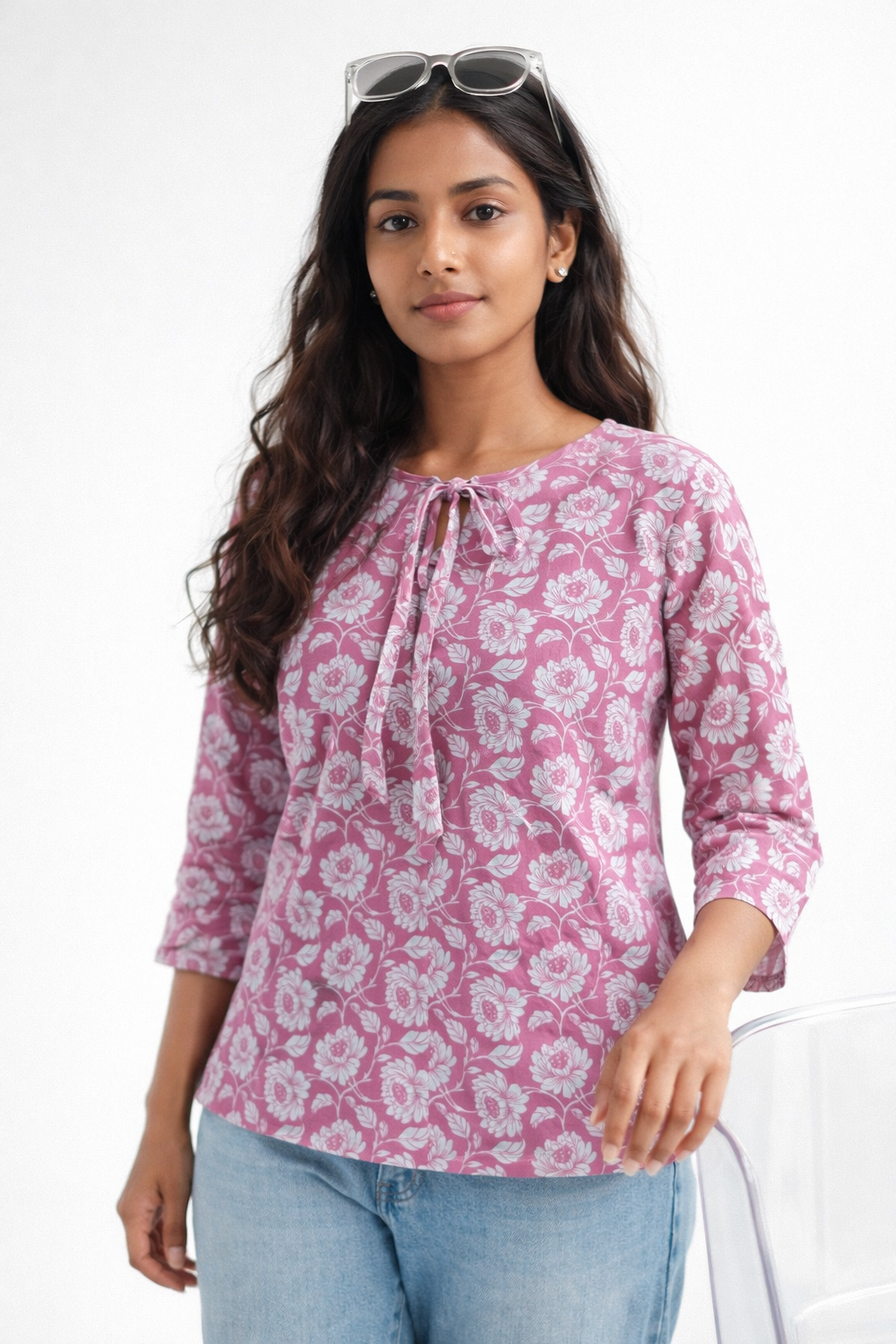 Women's Floral Print Cotton Tie-Neck Top | Kapachi
