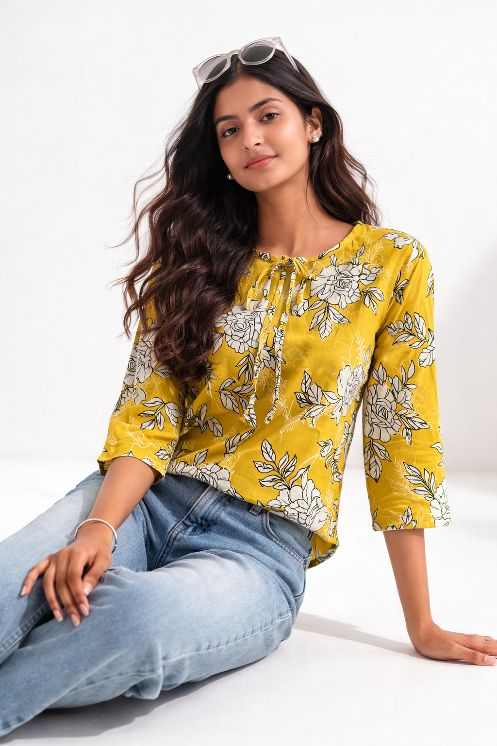 Women's Floral Print Cotton Tie-Neck Top | Kapachi