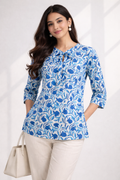 Women's Printed Cotton Tie-Neck Top | Kapachi