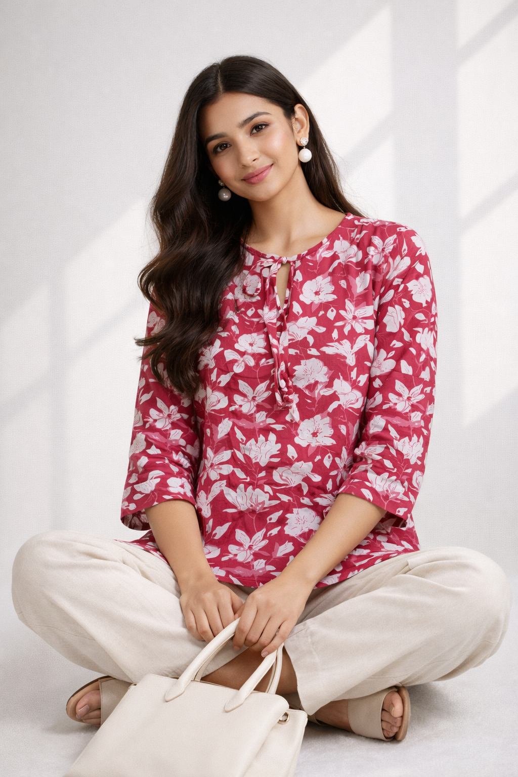 Women's Printed Cotton Tie-Neck Top | Kapachi