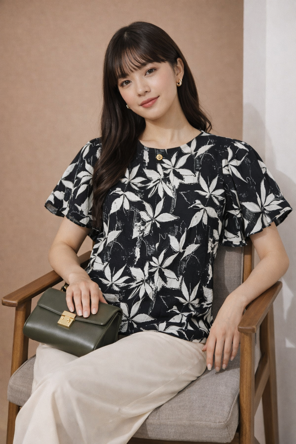 Women's Leaf Print Flutter Sleeve Top | Round Neck Casual Fusion Blouse | Zero+1
