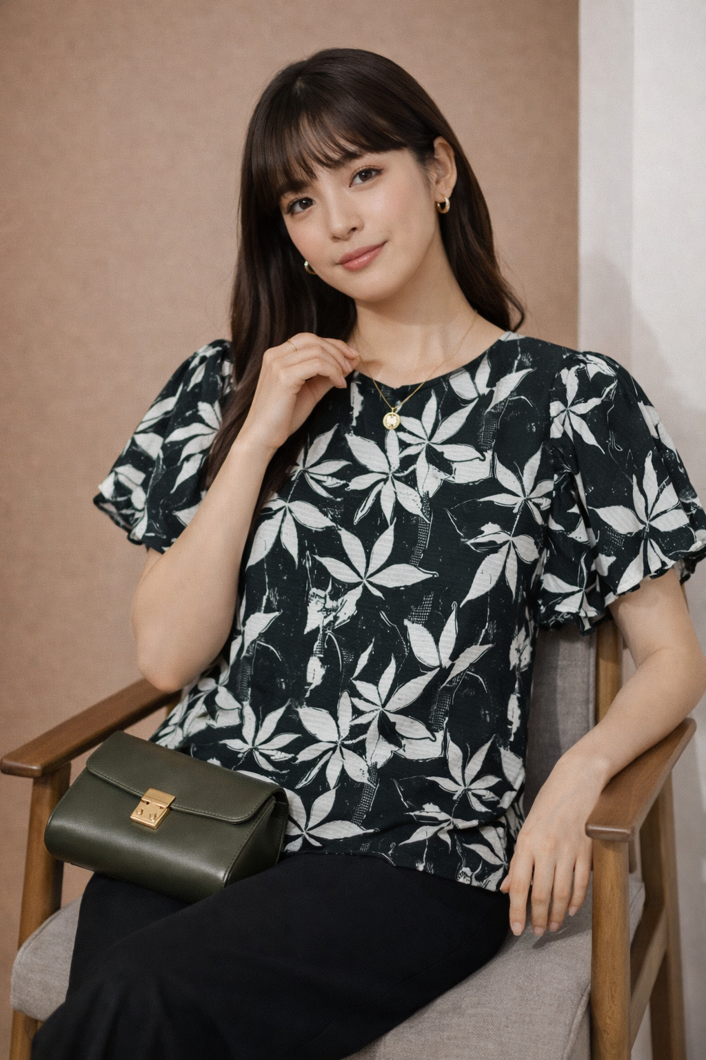 Women's Leaf Print Flutter Sleeve Top | Round Neck Casual Fusion Blouse | Zero+1