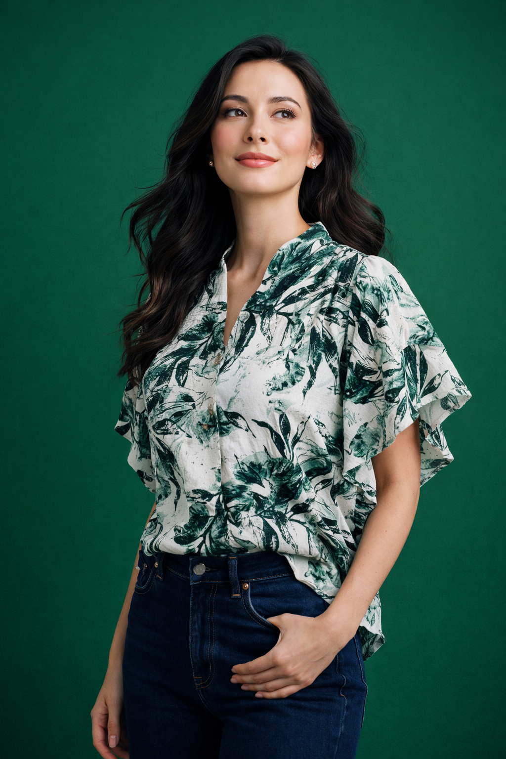 Women's Botanical Print Flutter Sleeve Top | Floral V-Neck Casual Fusion Shirt | Miss Kapachi