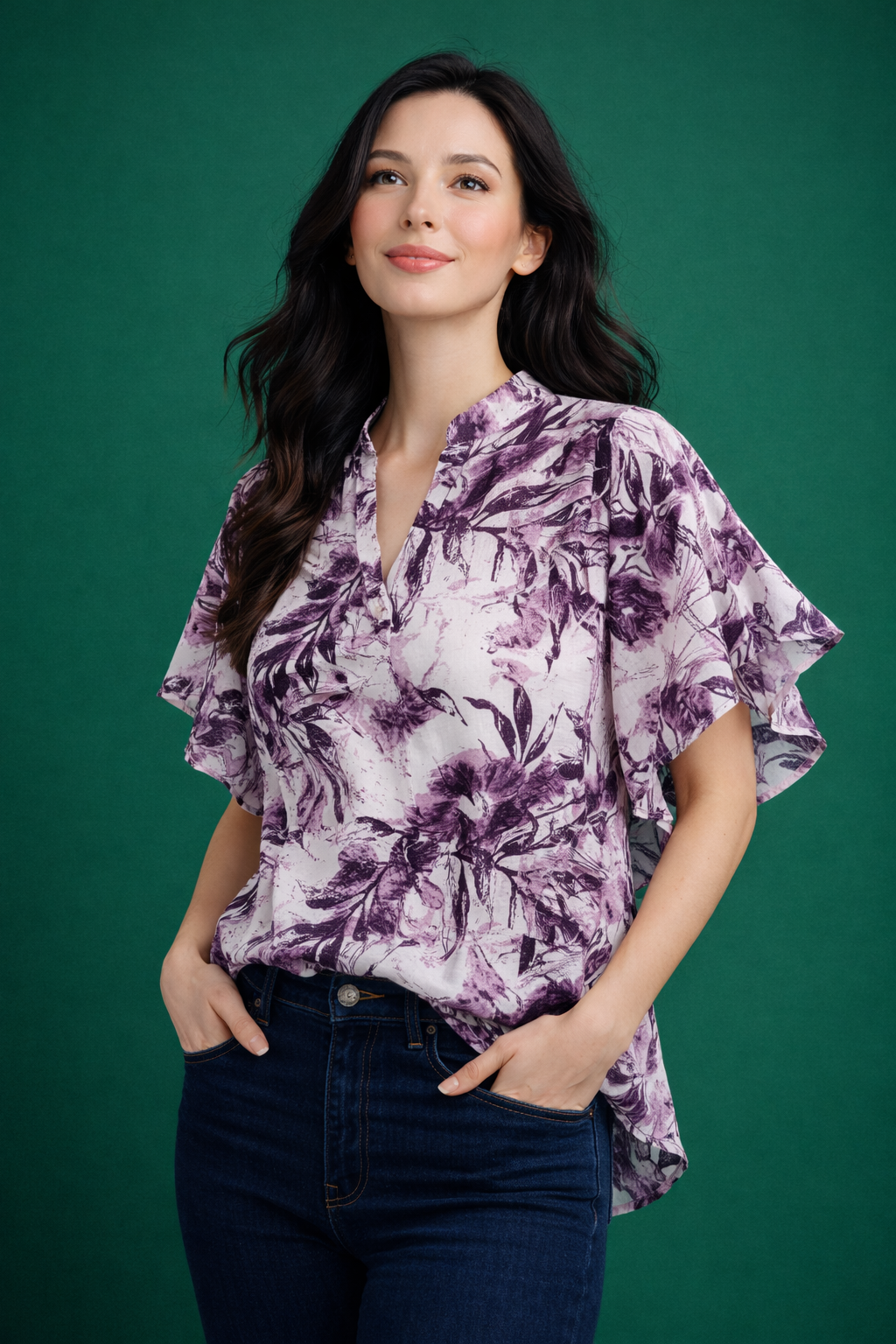 Women's Botanical Print Flutter Sleeve Top | Floral V-Neck Casual Fusion Shirt | Miss Kapachi