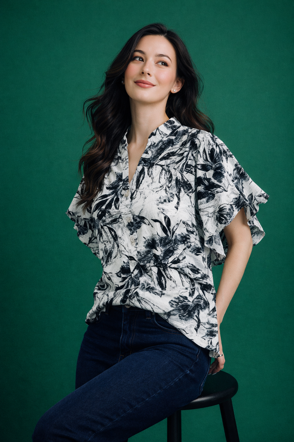 Women's Botanical Print Flutter Sleeve Top | Floral V-Neck Casual Fusion Shirt | Miss Kapachi