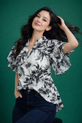 Women's Botanical Print Flutter Sleeve Top | Floral V-Neck Casual Fusion Shirt | Miss Kapachi