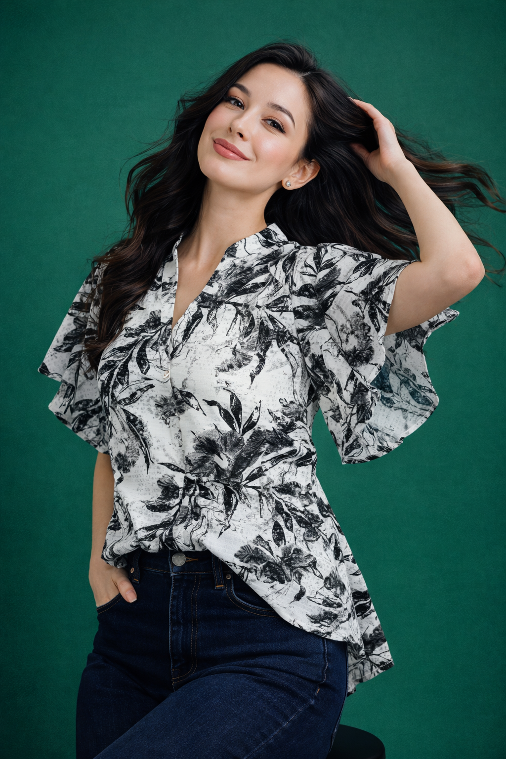Women's Botanical Print Flutter Sleeve Top | Floral V-Neck Casual Fusion Shirt | Miss Kapachi