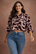 Women's Abstract Swirl Print Crop Shirt | Collar Neck Button-Down 3/4 Sleeve Boxy Top | Zero+1