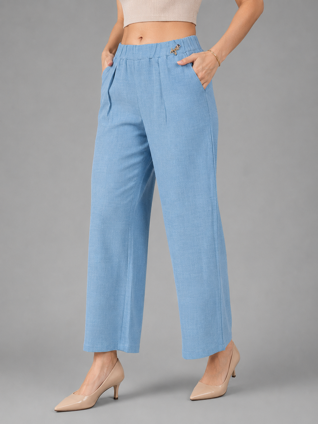 Pleated Wide-Leg Trousers for Women | Elasticated Waist Pants with Pockets | Miss Kapachi