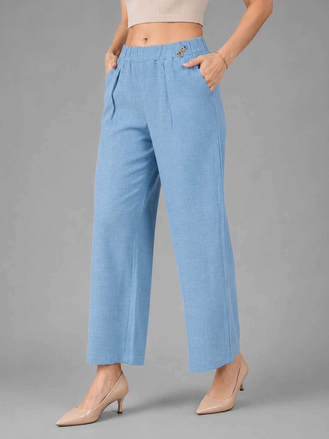 Pleated Wide-Leg Trousers for Women | Elasticated Waist Pants with Pockets | Miss Kapachi