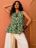 Leaf Print Peplum Top for Women | Gathered Waist Sleeveless Cotton Top | Zero+1