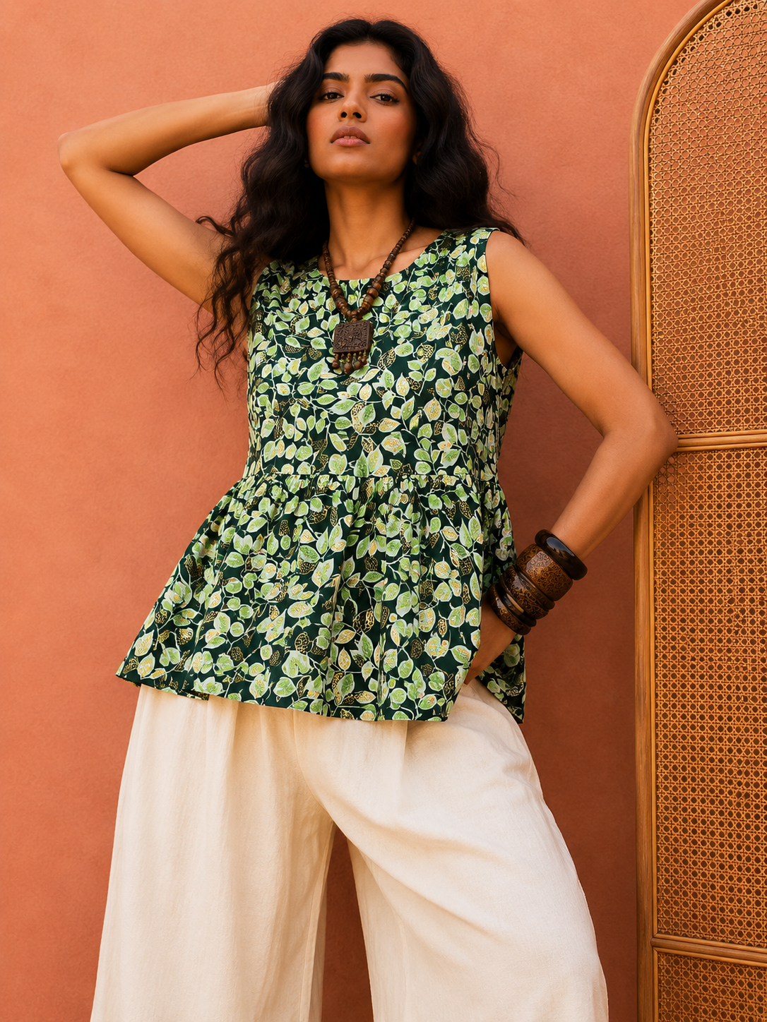 Leaf Print Peplum Top for Women | Gathered Waist Sleeveless Cotton Top | Zero+1
