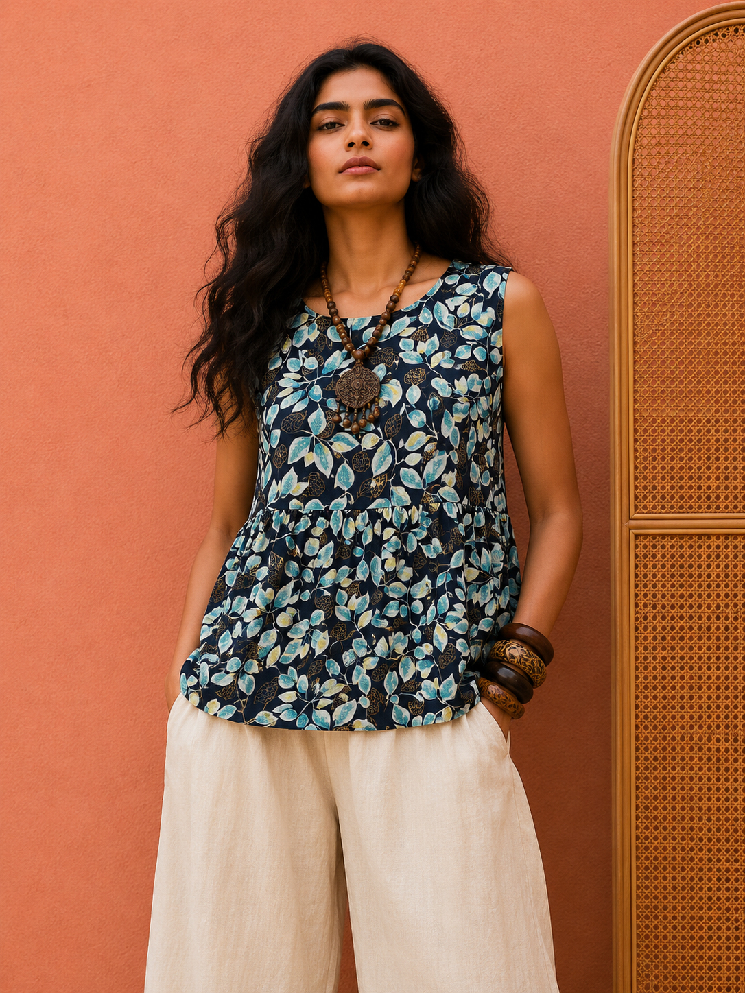 Leaf Print Peplum Top for Women | Gathered Waist Sleeveless Cotton Top | Zero+1