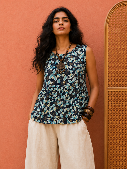 Leaf Print Peplum Top for Women | Gathered Waist Sleeveless Cotton Top | Zero+1