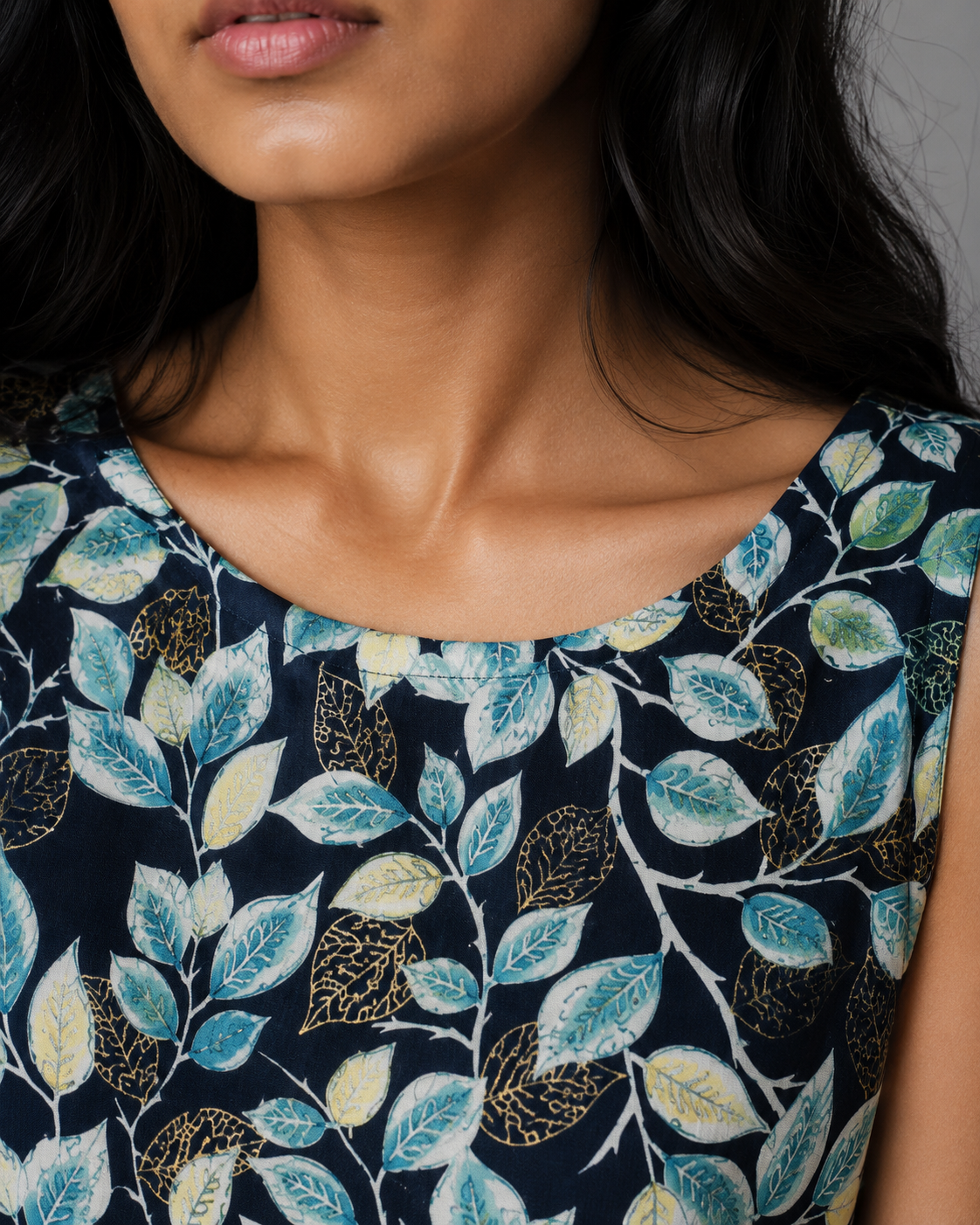 Leaf Print Peplum Top for Women | Gathered Waist Sleeveless Cotton Top | Zero+1