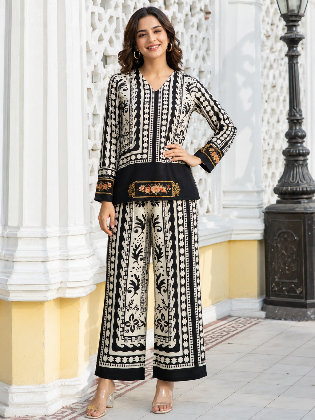Black & White Tribal Scroll Print Ethnic Fusion Co-Ord Set | Miss Kapachi