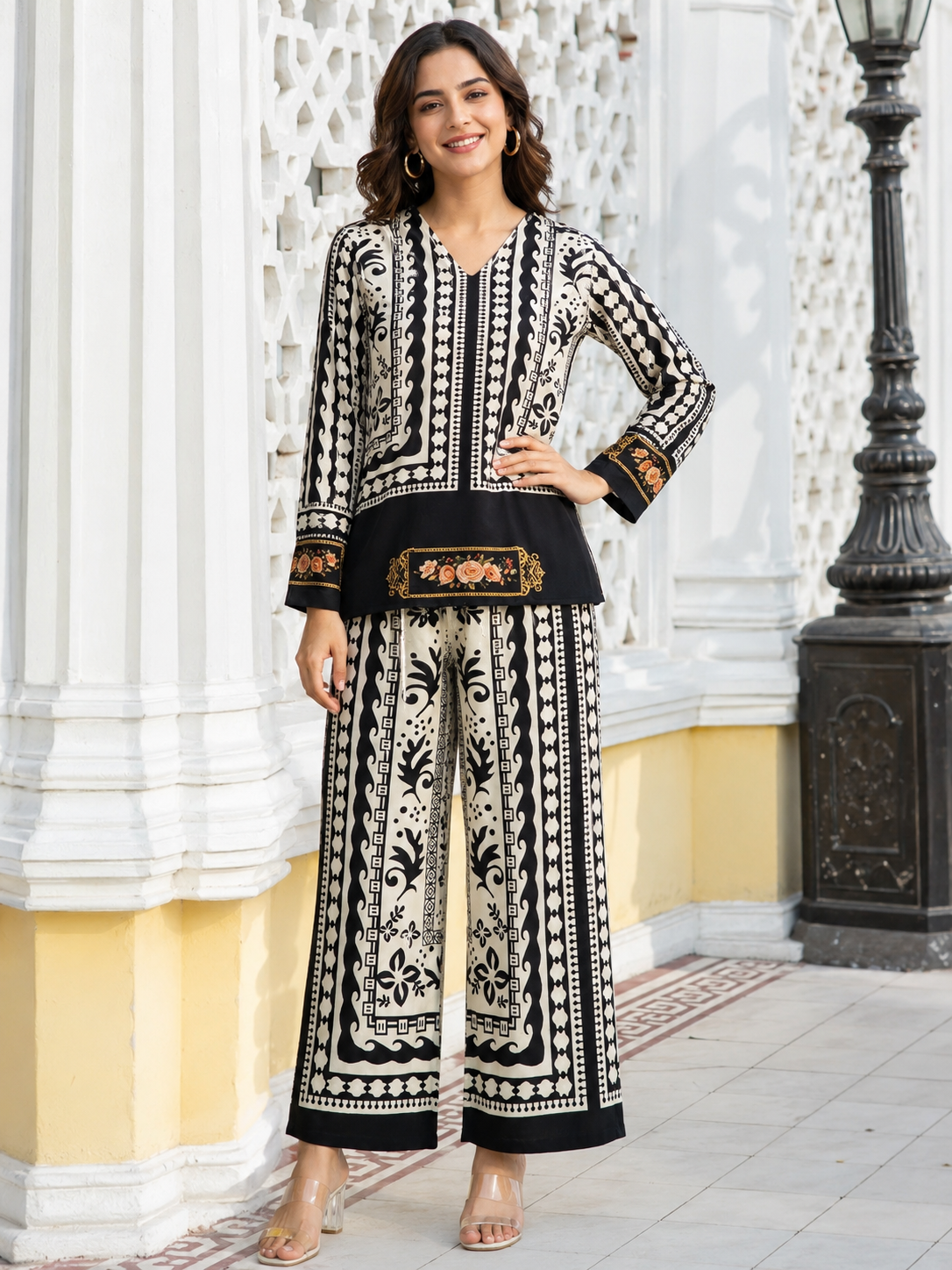 Black & White Tribal Scroll Print Ethnic Fusion Co-Ord Set | Miss Kapachi