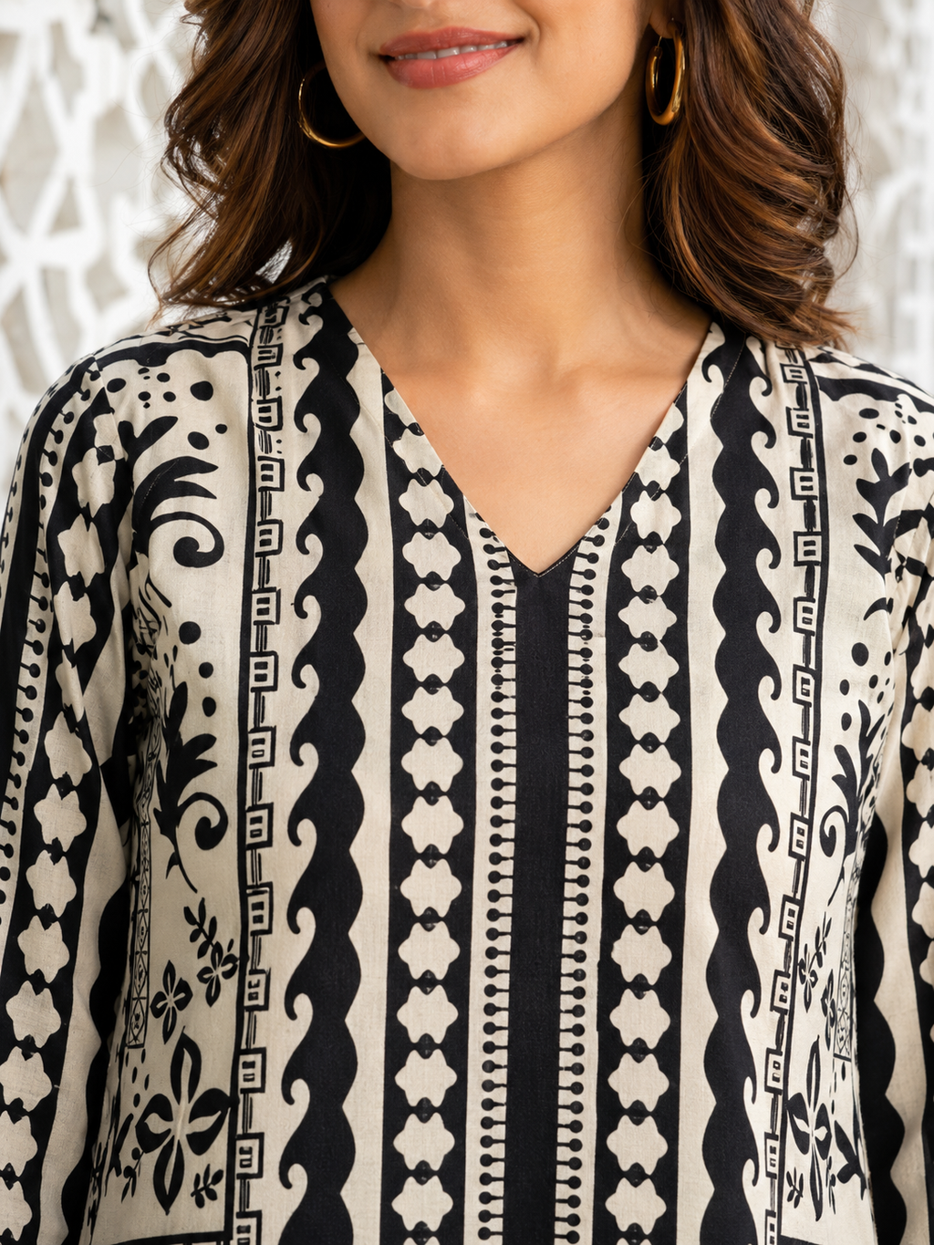 Black & White Tribal Scroll Print Ethnic Fusion Co-Ord Set | Miss Kapachi