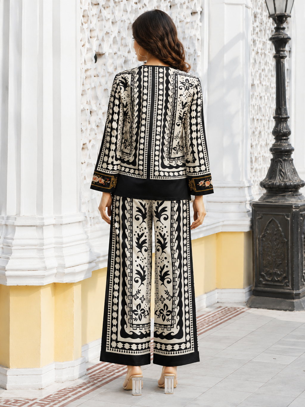 Black & White Tribal Scroll Print Ethnic Fusion Co-Ord Set | Miss Kapachi