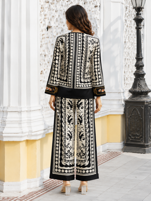 Black & White Tribal Scroll Print Ethnic Fusion Co-Ord Set | Miss Kapachi