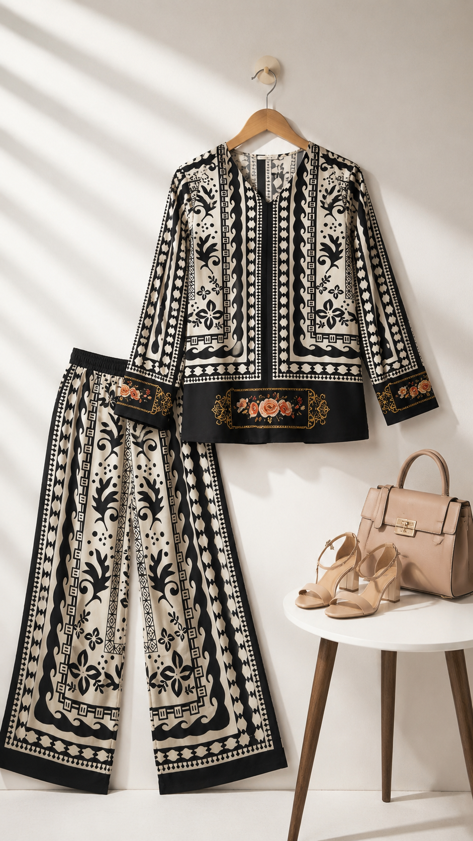 Black & White Tribal Scroll Print Ethnic Fusion Co-Ord Set | Miss Kapachi