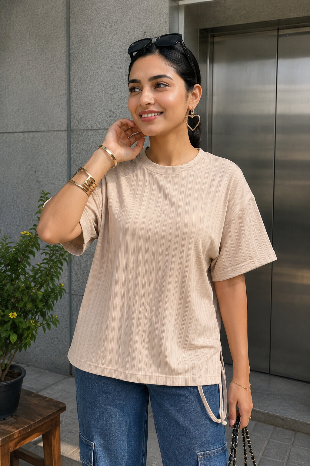Oat Ribbed Oversized Drop-Shoulder Tee | Miss Kapachi