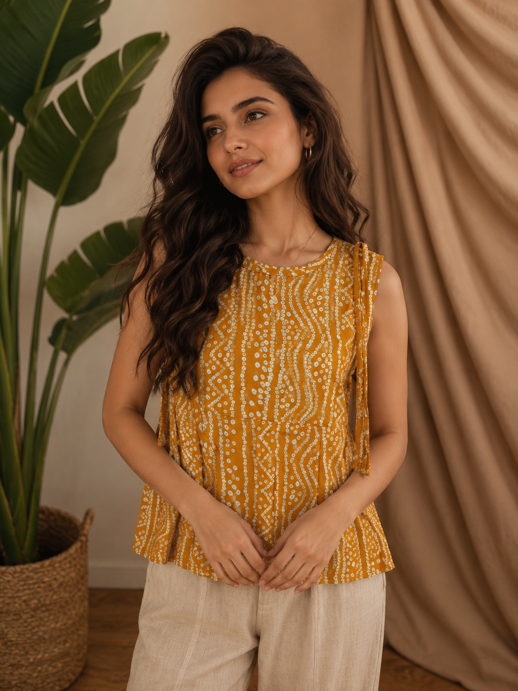 Mustard Bandhani Print Sleeveless Peplum Top | Tie-Detail Ethnic Fusion Top for Women | Miss Kapachi