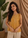 Mustard Bandhani Print Sleeveless Peplum Top | Tie-Detail Ethnic Fusion Top for Women | Miss Kapachi