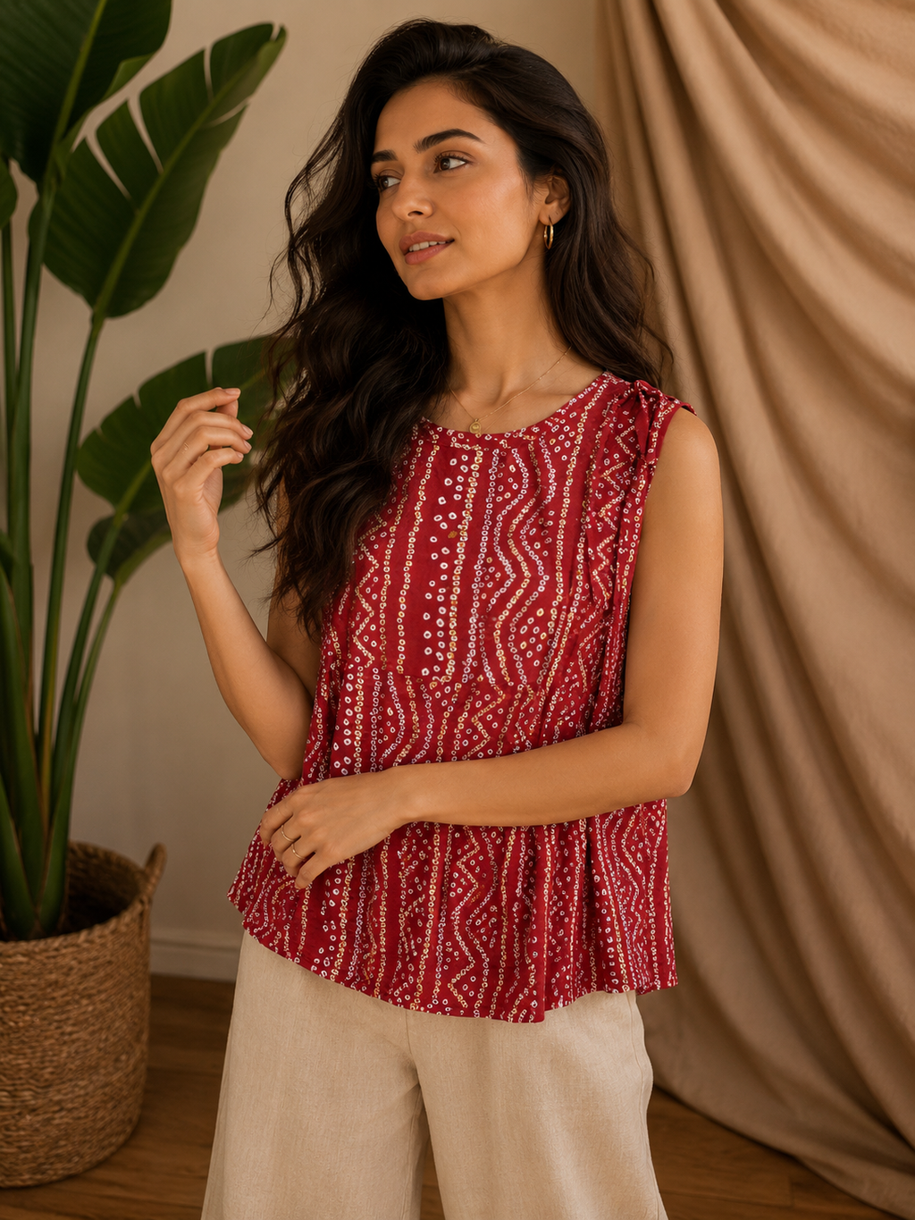 Mustard Bandhani Print Sleeveless Peplum Top | Tie-Detail Ethnic Fusion Top for Women | Miss Kapachi