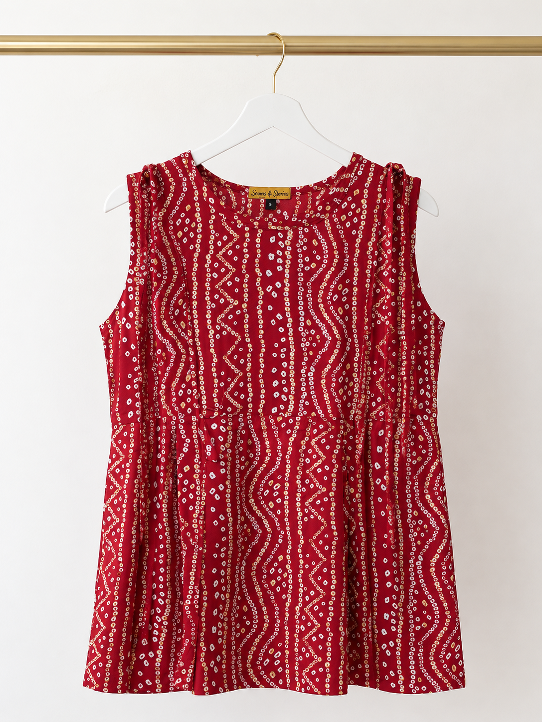 Mustard Bandhani Print Sleeveless Peplum Top | Tie-Detail Ethnic Fusion Top for Women | Miss Kapachi