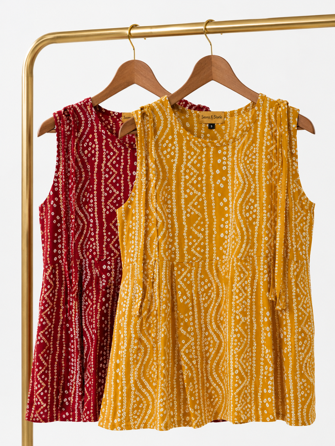 Mustard Bandhani Print Sleeveless Peplum Top | Tie-Detail Ethnic Fusion Top for Women | Miss Kapachi
