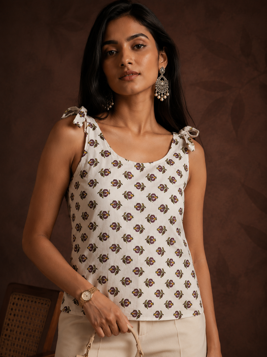 Mughal Boota Block Print Shoulder Tie Top | Scoop Neck Sleeveless Women's Top | Miss Kapachi