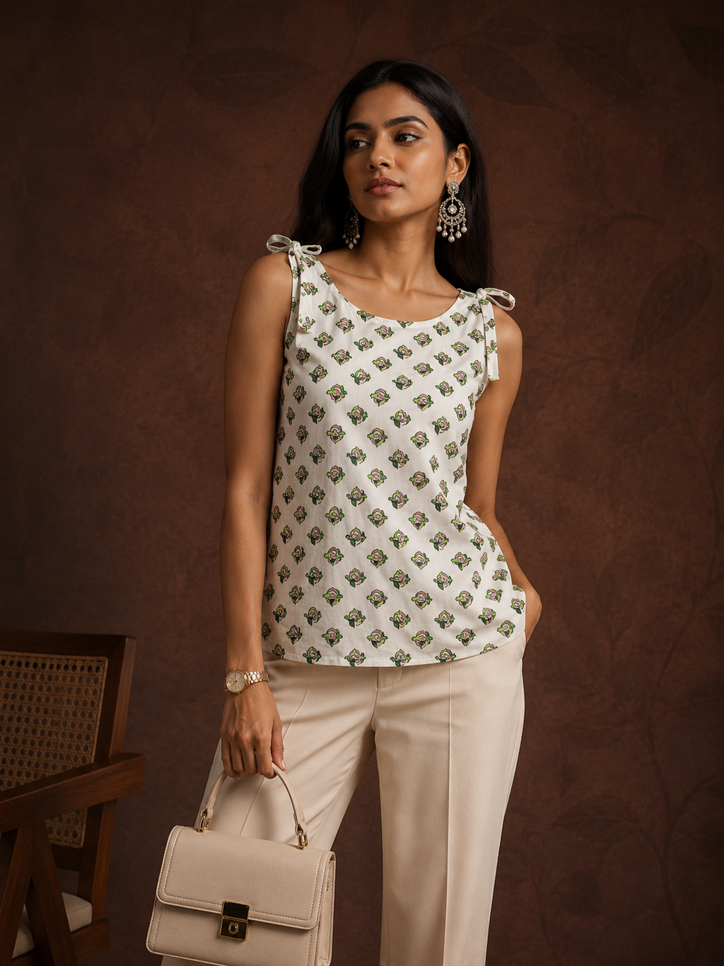 Mughal Boota Block Print Shoulder Tie Top | Scoop Neck Sleeveless Women's Top | Miss Kapachi