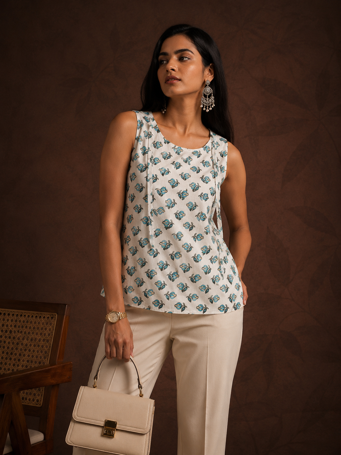 Mughal Boota Block Print Shoulder Tie Top | Scoop Neck Sleeveless Women's Top | Miss Kapachi
