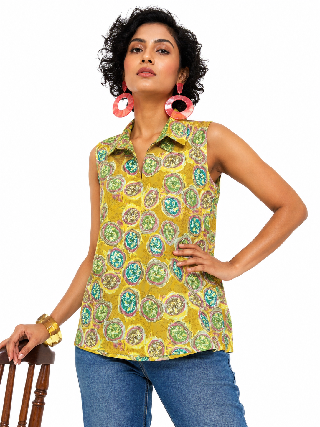Teal Medallion Print Sleeveless Collar Top | Floral Block Print Women's Top | Miss Kapachi