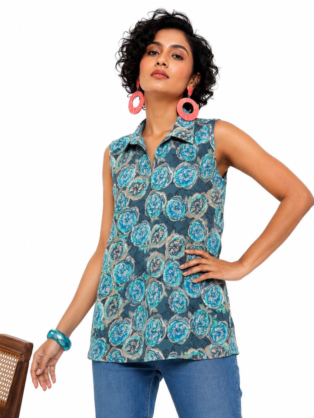 Teal Medallion Print Sleeveless Collar Top | Floral Block Print Women's Top | Miss Kapachi