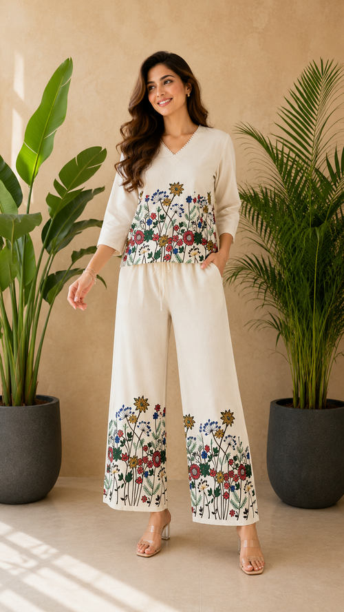 Off-White Ethnic Ivory Kalamkari Blossom Co-ord Set