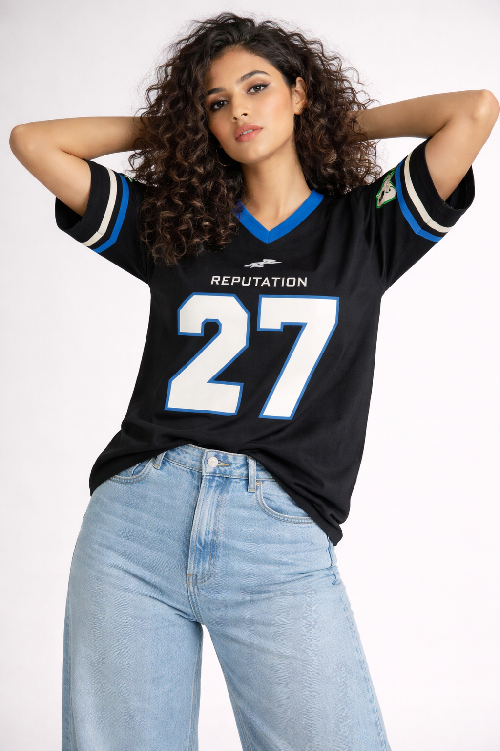 Women's Football Jersey Style Oversized Hosiery T-Shirt | "Reputation 27" Graphic Print