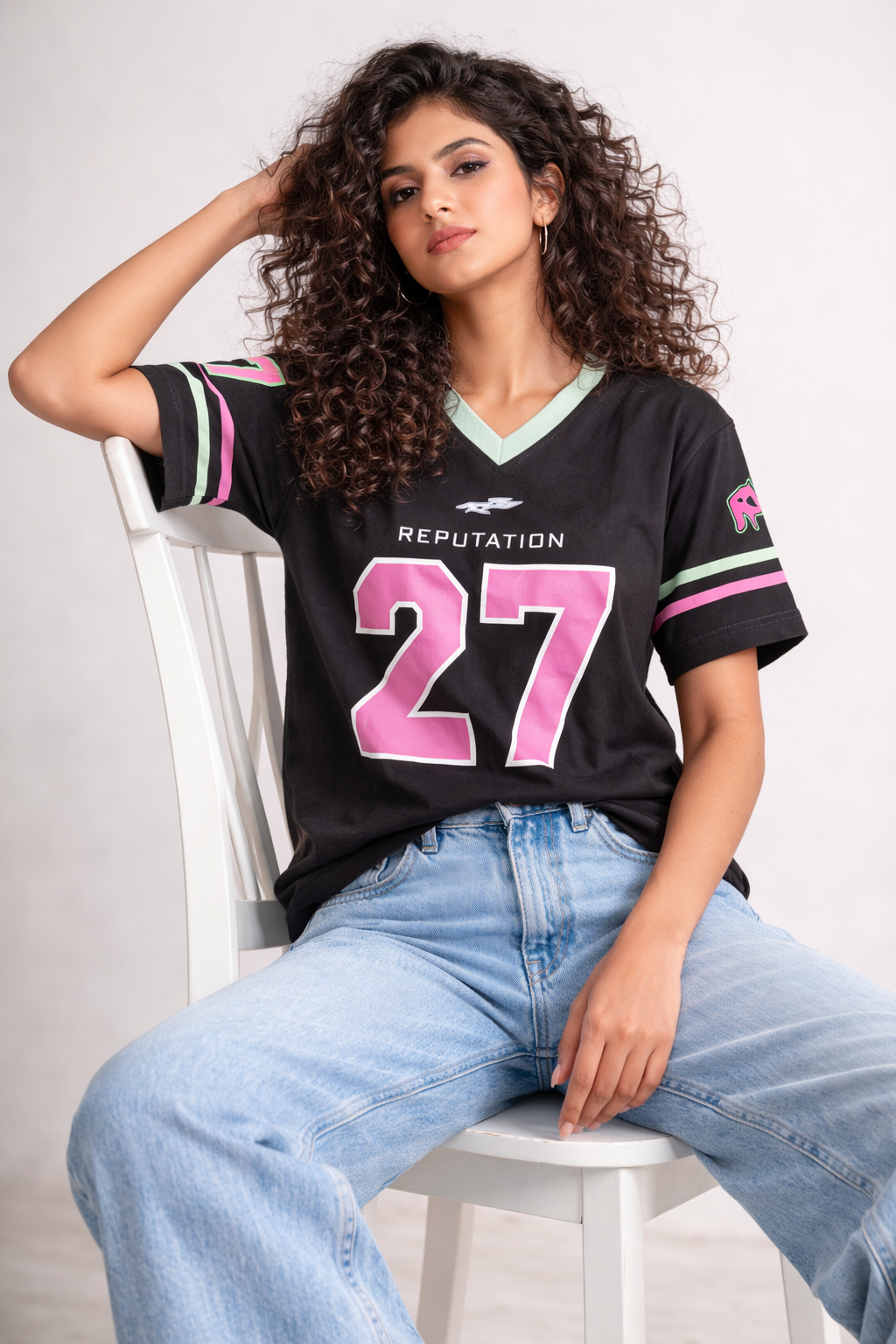 Women's Football Jersey Style Oversized Hosiery T-Shirt | "Reputation 27" Graphic Print