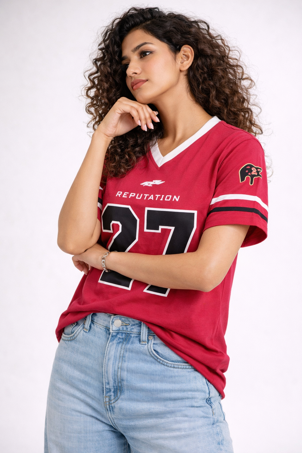 Women's Football Jersey Style Oversized Hosiery T-Shirt | "Reputation 27" Graphic Print