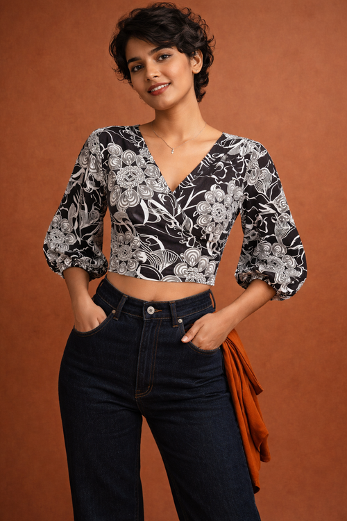 Graphic Floral Wrap Crop Top | Kapachi