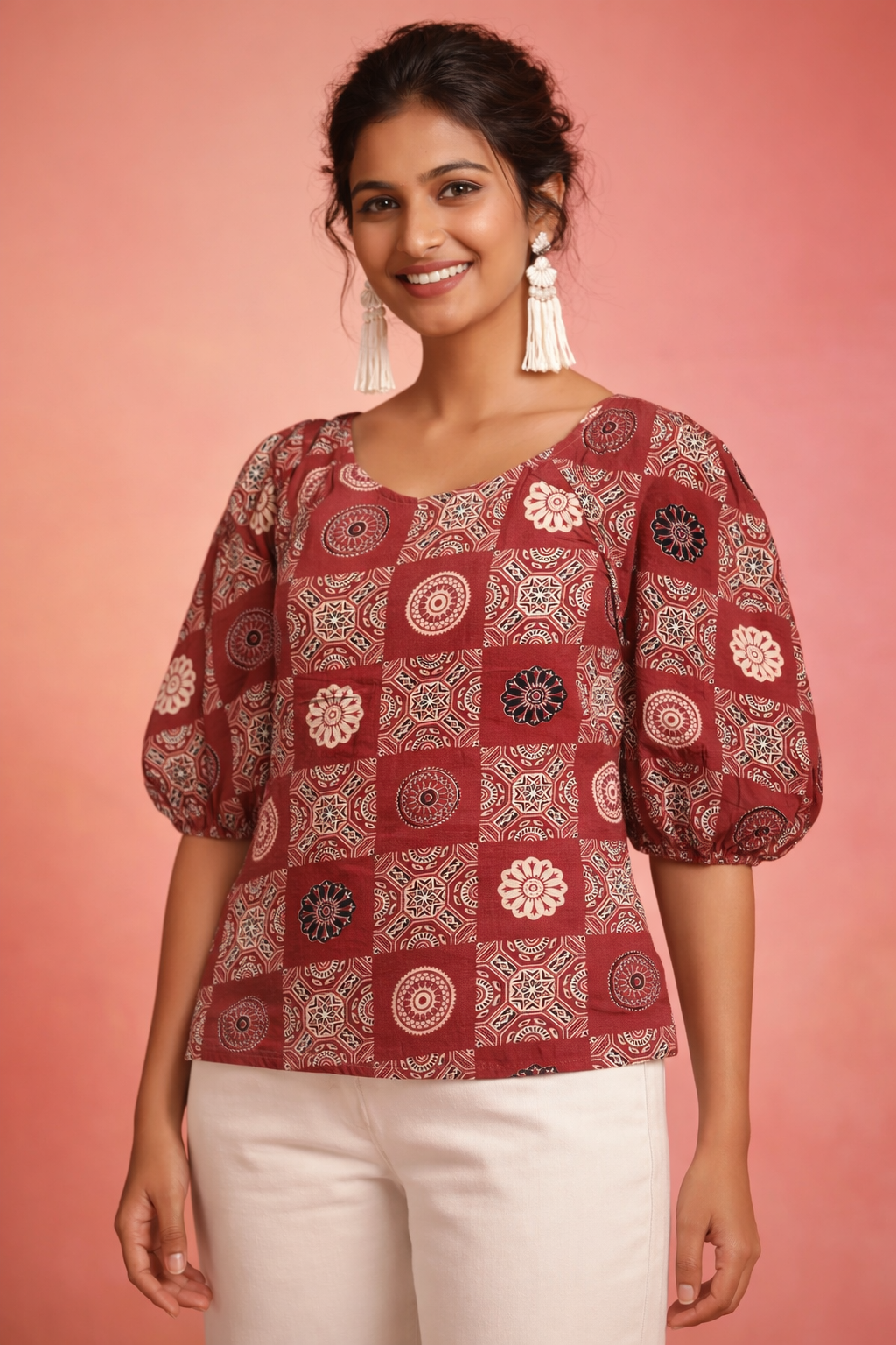 Ajrakh Block Print Puff Sleeve Top | Kapachi