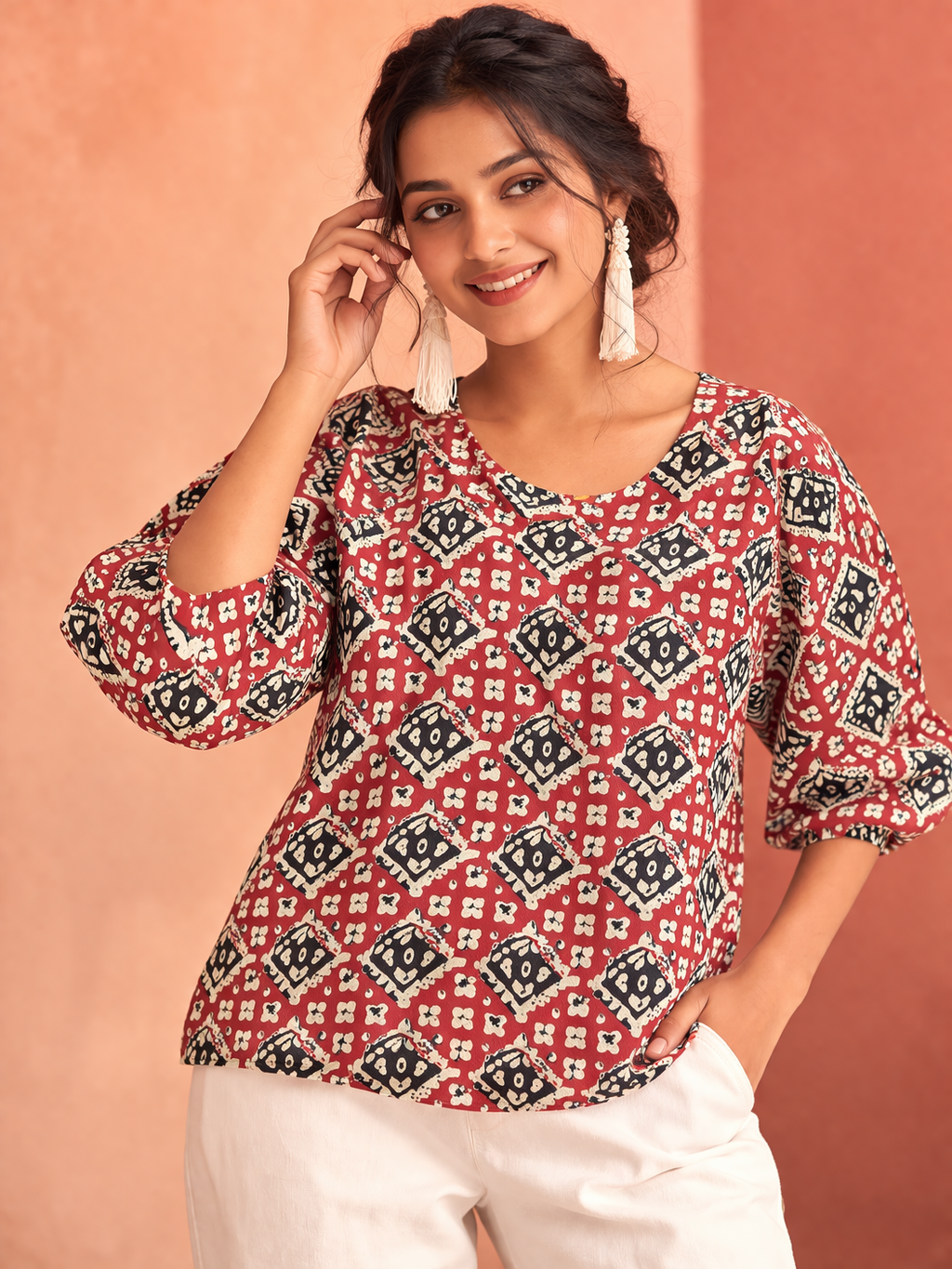 Ajrakh Block Print Puff Sleeve Top | Kapachi