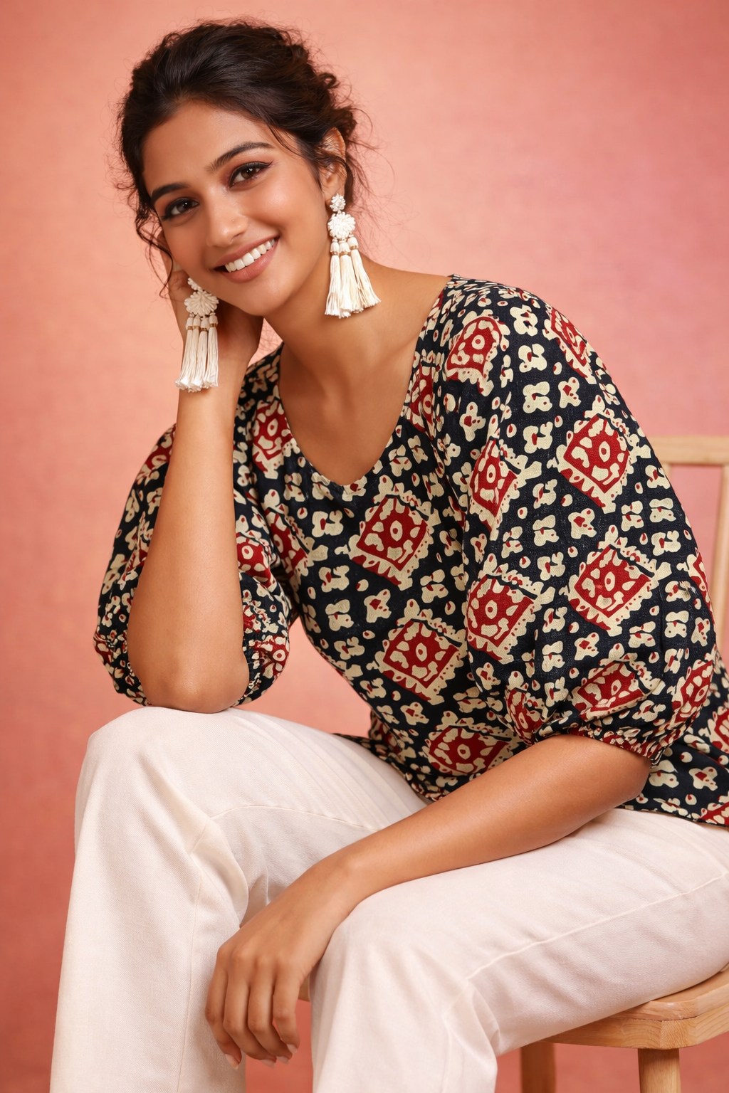 Ajrakh Block Print Puff Sleeve Top | Kapachi