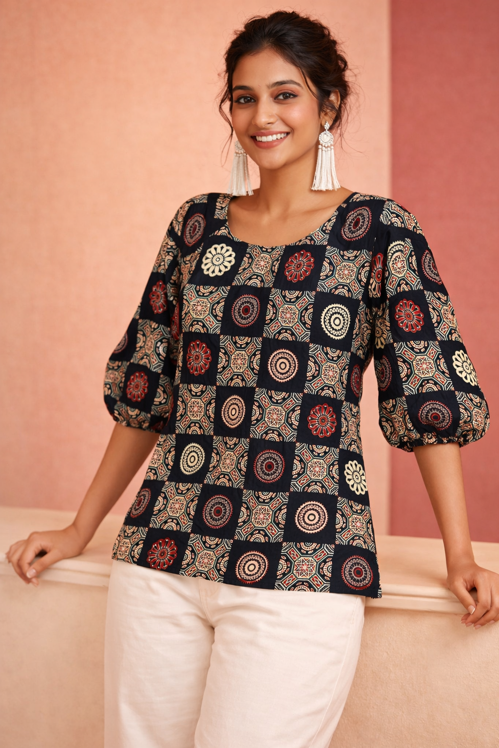 Ajrakh Block Print Puff Sleeve Top | Kapachi